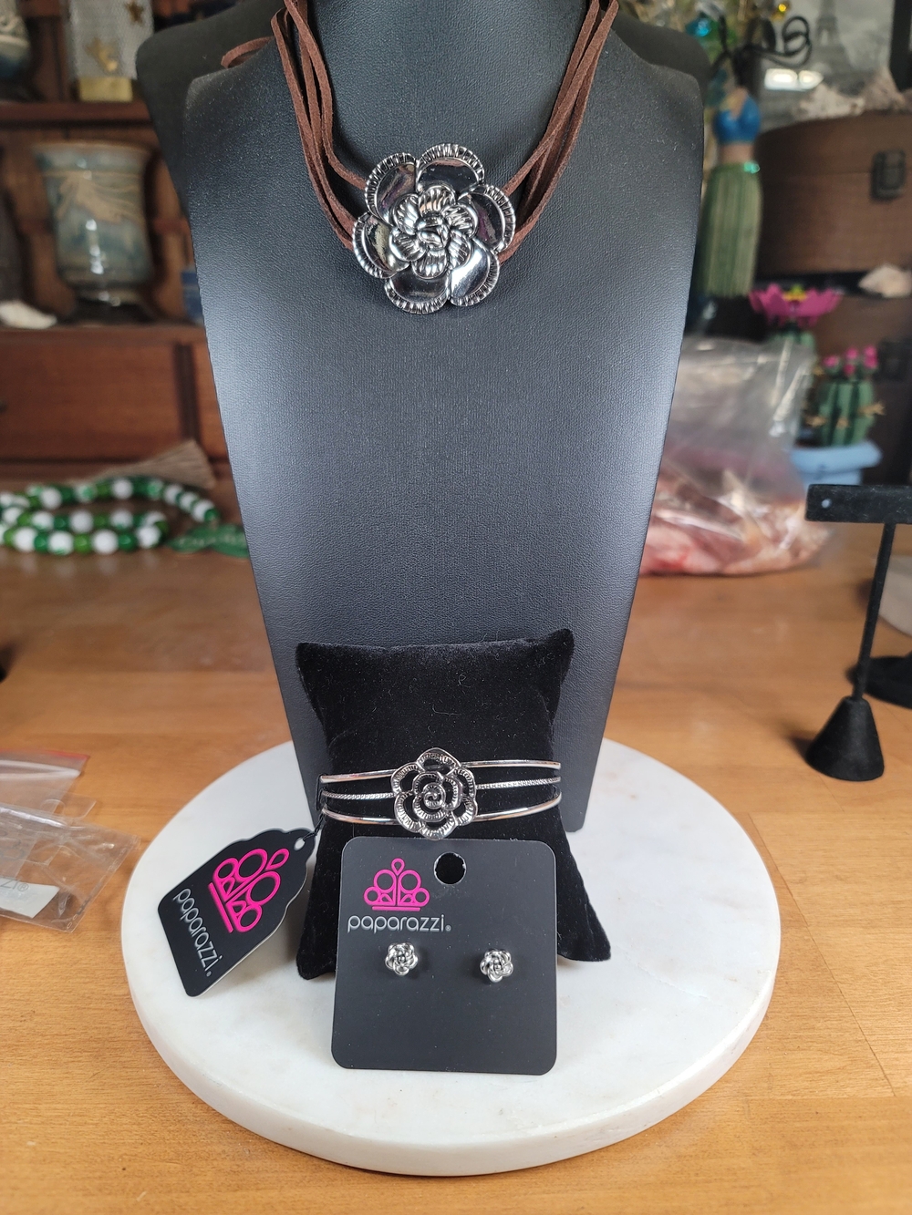 paparazzi Silver Floral Necklace, Bracelet & Earring Set - Brown Cord